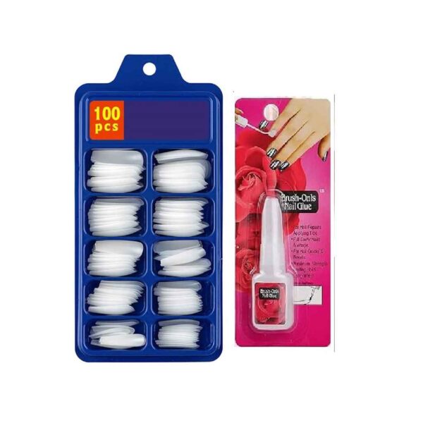 Professional Artificial Nail Tips Set, 100 Pieces with Brush-On Nail Glue, White