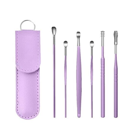 Ear Cleaner Reusable Kit with LED Flashlight Earpick Tool Box (6 Pcs ) (Purple)