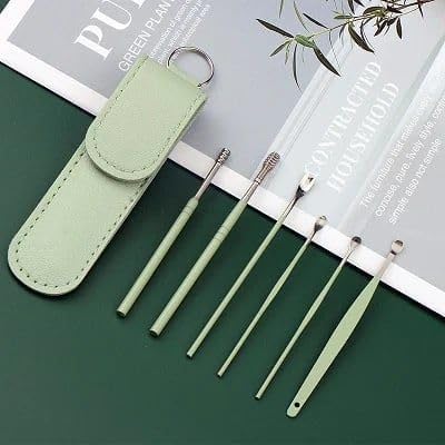 Ear Cleaner Reusable Kit with LED Flashlight Earpick Tool Box (6 Pcs ) (Green)