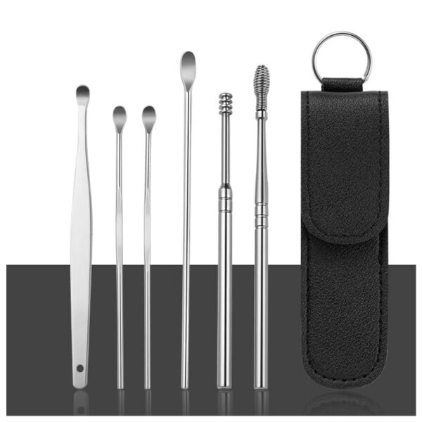 Ear Cleaner Reusable Kit with LED Flashlight Earpick Tool Box (6 Pcs ) (Black)