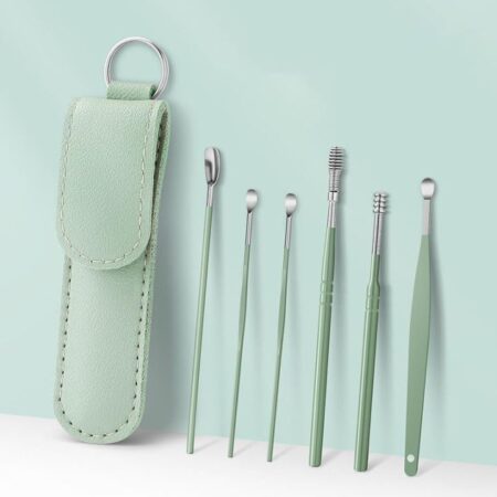 Ear Cleaner Reusable Kit with LED Flashlight Earpick Tool Box (6 Pcs ) (Green)