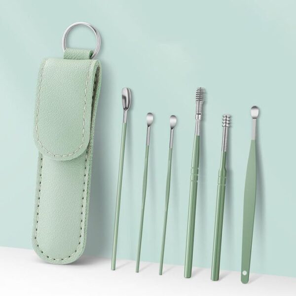 Ear Cleaner Reusable Kit with LED Flashlight Earpick Tool Box (6 Pcs ) (Green)