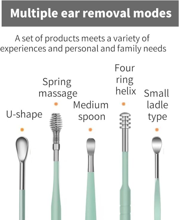 Ear Cleaner Reusable Kit with LED Flashlight Earpick Tool Box (6 Pcs ) (Green)