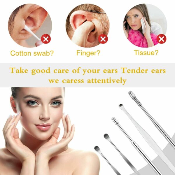 Ear Cleaner Reusable Kit with LED Flashlight Earpick Tool Box (6 Pcs ) (Black)