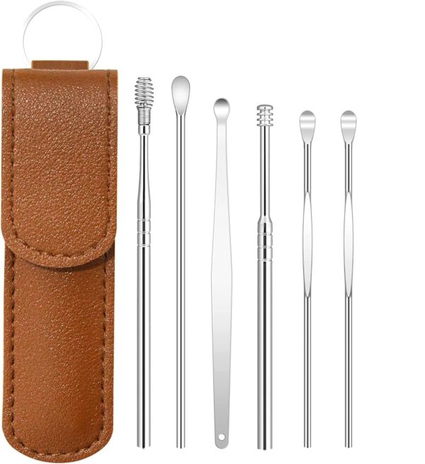 Ear Cleaner Reusable Kit with LED Flashlight Earpick Tool Box (6 Pcs ) (Brown)