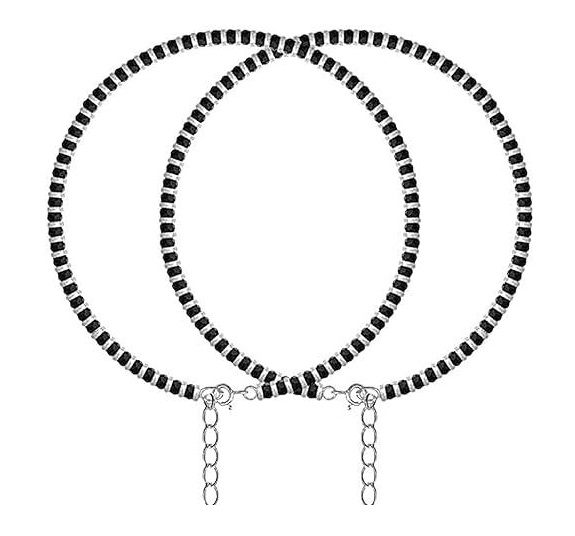 Ethnic Fancy Trendy Fashion Foot Jewellery Black Beads Silver Plated Anklet Pack Of 2