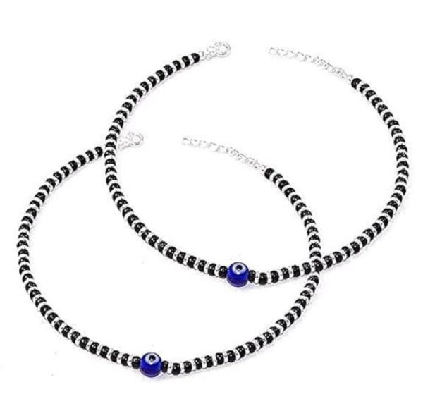 Ethnic Fancy Trendy Fashion Jewellery Black Beads Silver Plated Evil Eye Anklet Payal Pack Of 2
